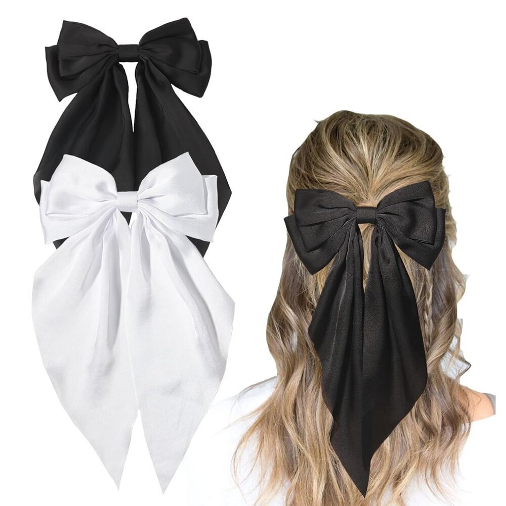 Hair Bow Clips Black White Big Satin Barrette Alligator Clips Long Tail Hair Acc